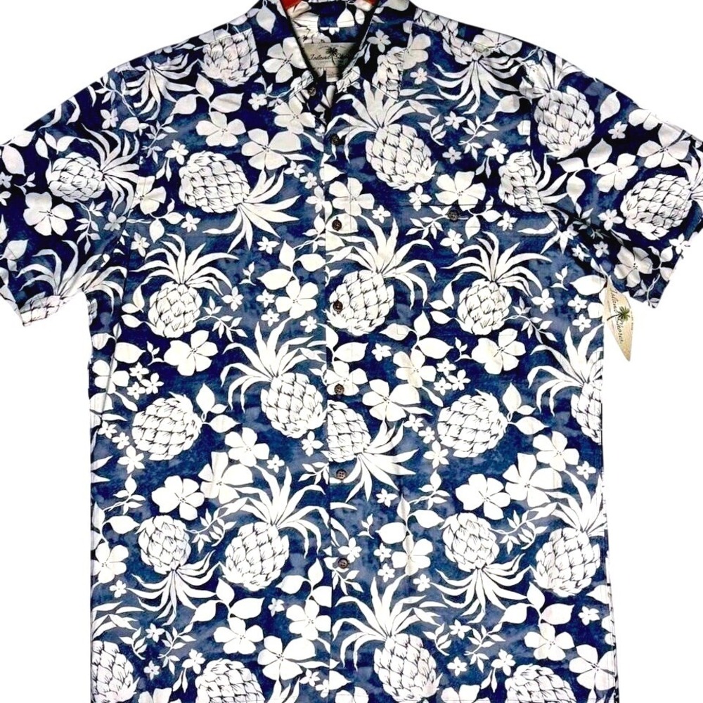 Island Shores Pineapple Floral Hawaiian Shirt Mens L Blue Resortwear NWT